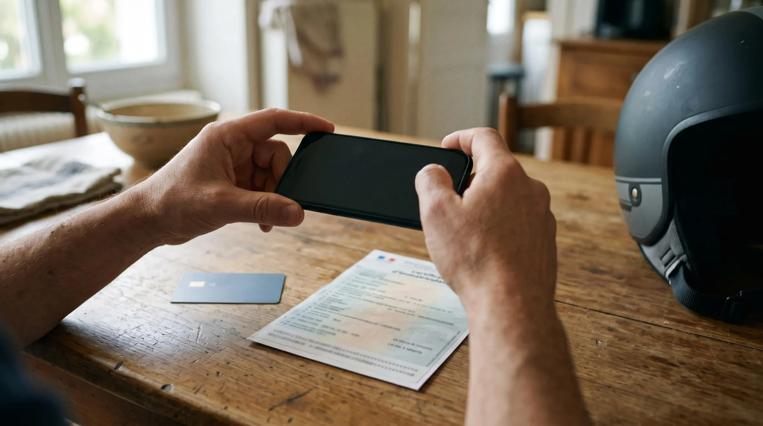 Une personne photographie un document d'immatriculation de moto posé sur une table avec son smartphone.