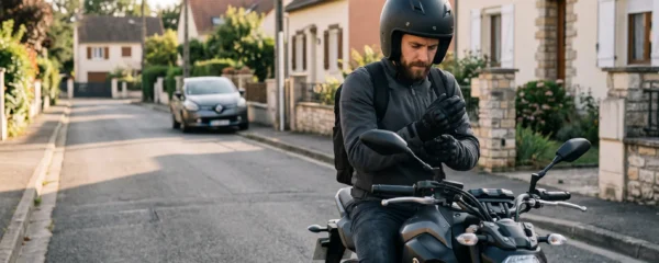 Un motard casqué ajuste son gant sur sa moto garée dans une rue résidentielle française.