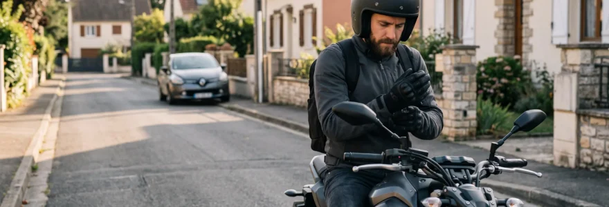 Un motard casqué ajuste son gant sur sa moto garée dans une rue résidentielle française.
