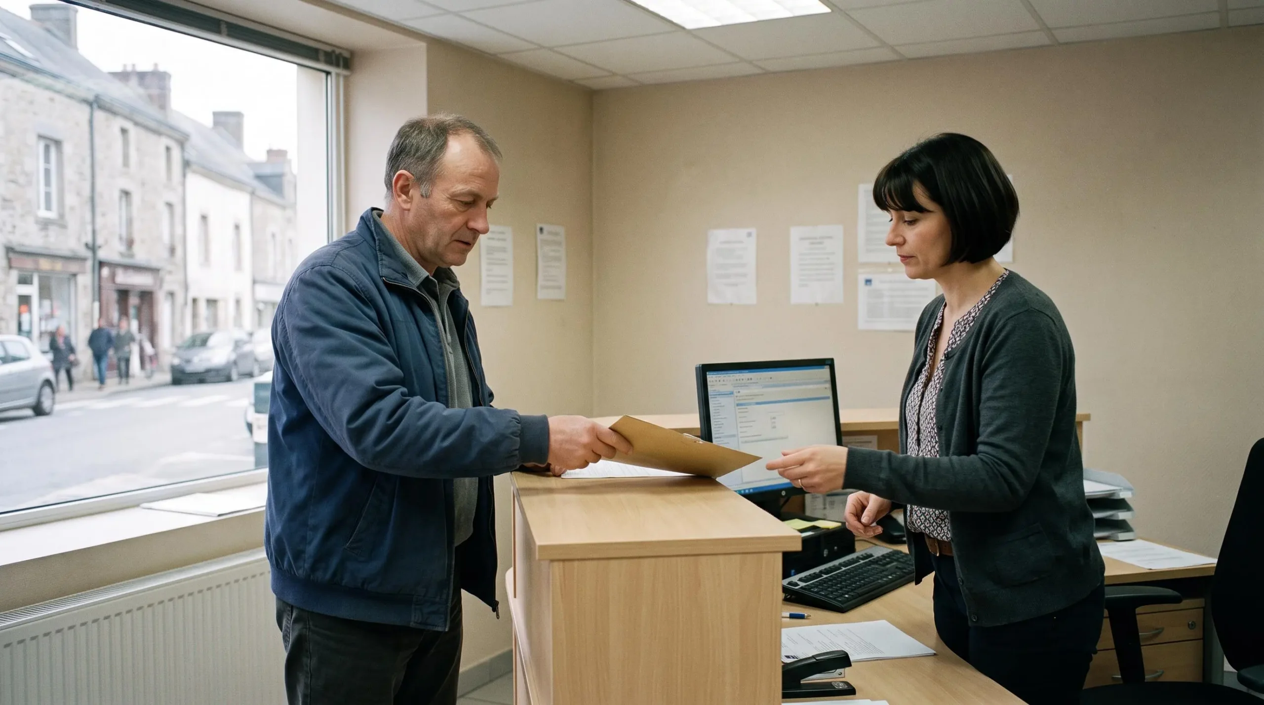Un client remet une enveloppe de documents à une conseillère derrière le comptoir d'une agence.